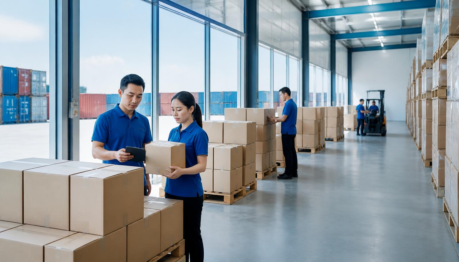 Warehouse staff preparing export cartons for international shipping in Yiwu, China